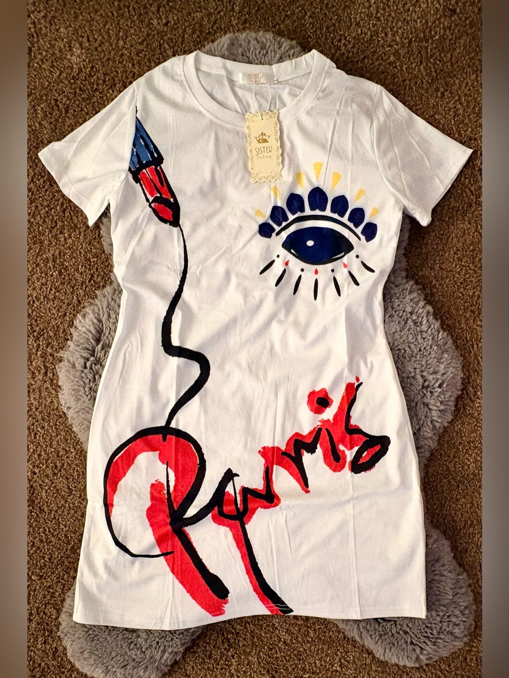 Graphic White Tee Dress with Eye & Red Script